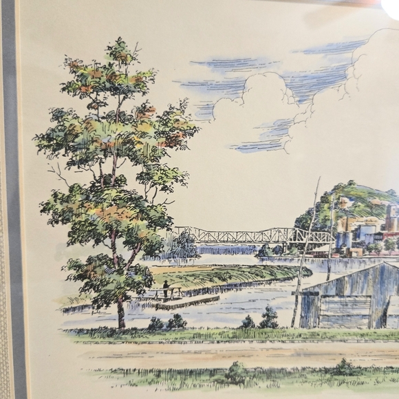 Ink Watercolor Signed Needer Framed Art Textured Matte Country Farm Scene Bridge - Picture 3 of 10